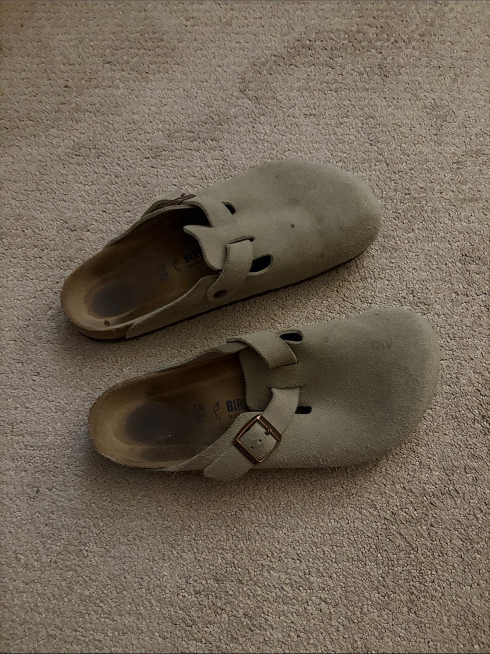 Suede Slip-On Clogs in Light Olive with Buckle
